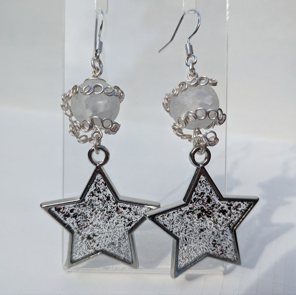 Quartz Crystal Silver Star Earrings Long Resin Handmade - Picture 3 of 8